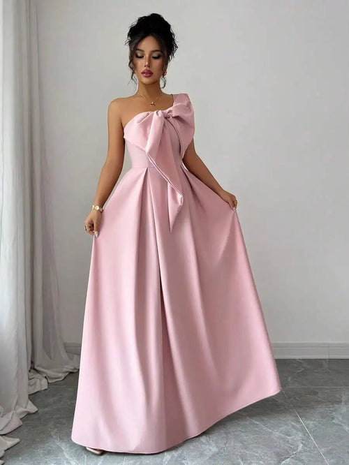 Pink Asymmetrical One-Shoulder Bowknot A-Line Maxi Dress