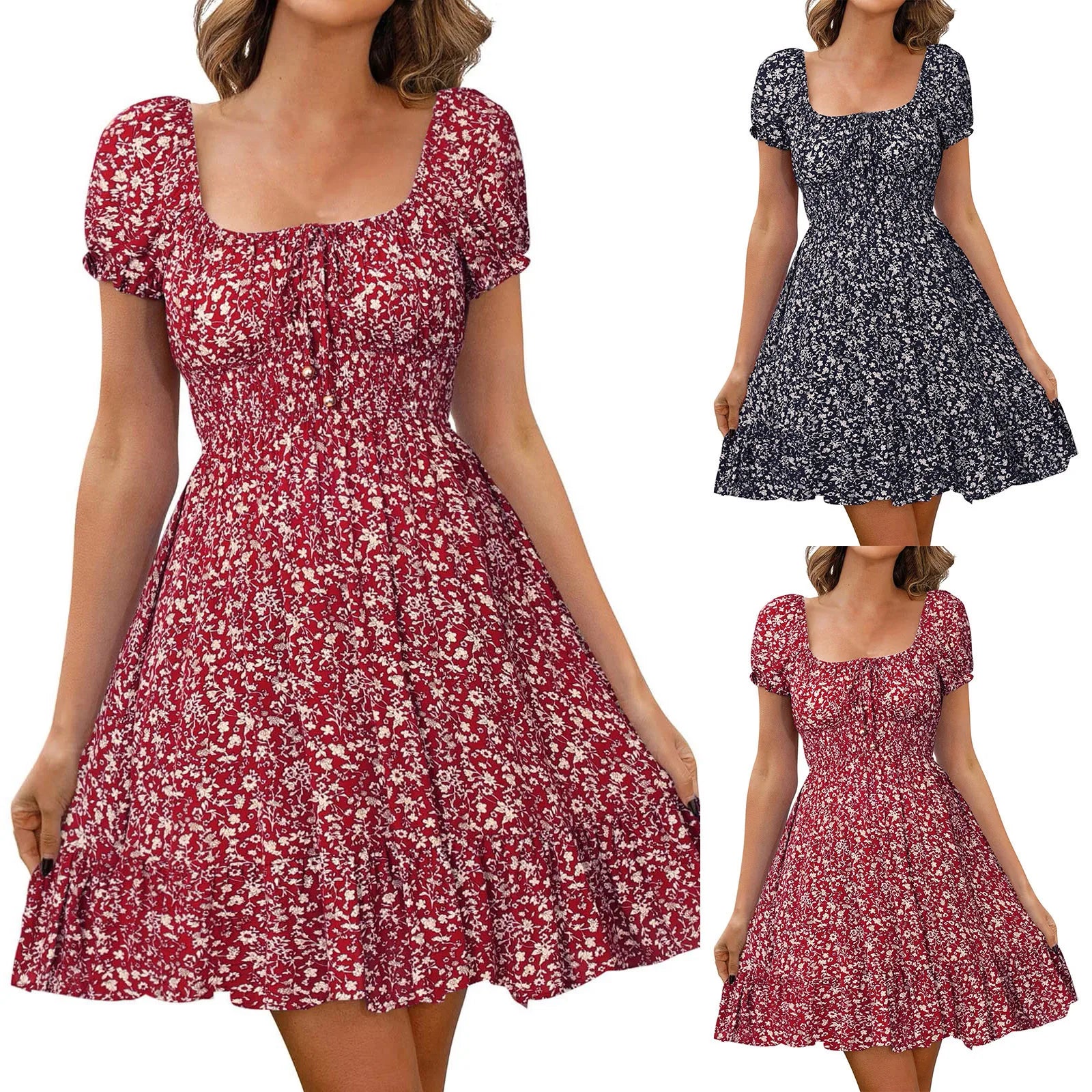 Women's Floral Print French Sundress High Waist Puff Sleeves Retro Tunic Midi Dress Summer Square Neck Pleated Short Dresses