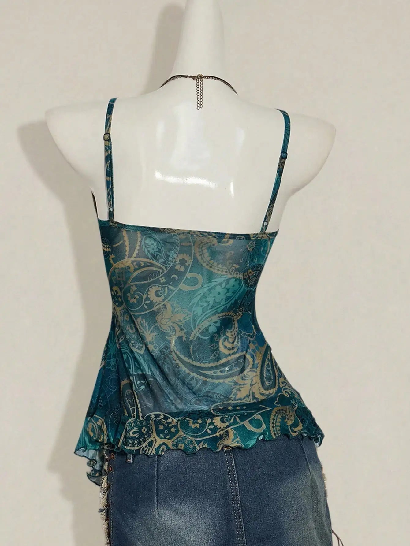 Teal Paisley Print Ruffled Camisole with Sheer Overlay and Adjustable Straps