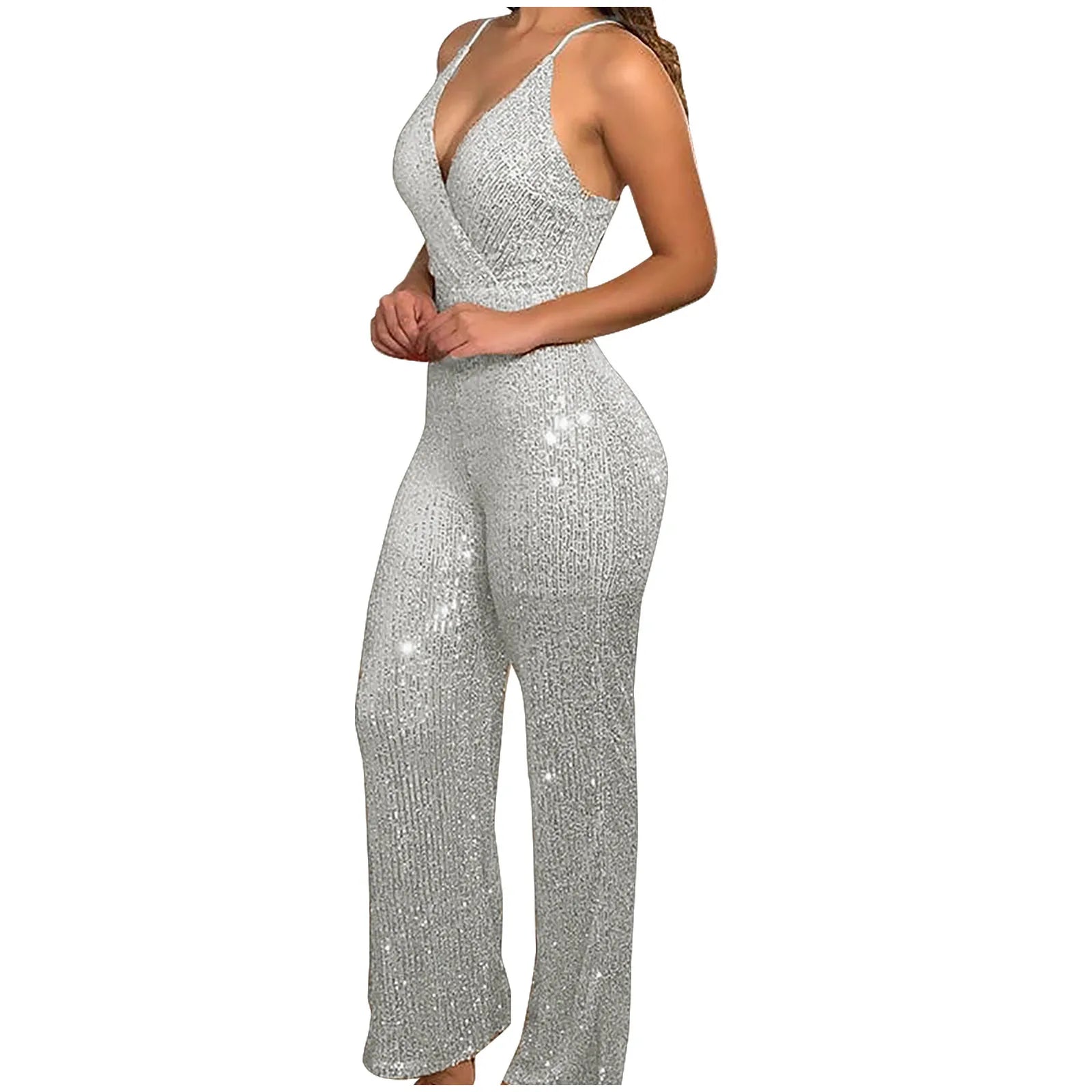 Fashion Women One-Piece Jumpsuits Sleeveless Sequins Glitter Spaghetti Strap Playsuits Club Party Wear Deep V-Neck Jumpsuit
