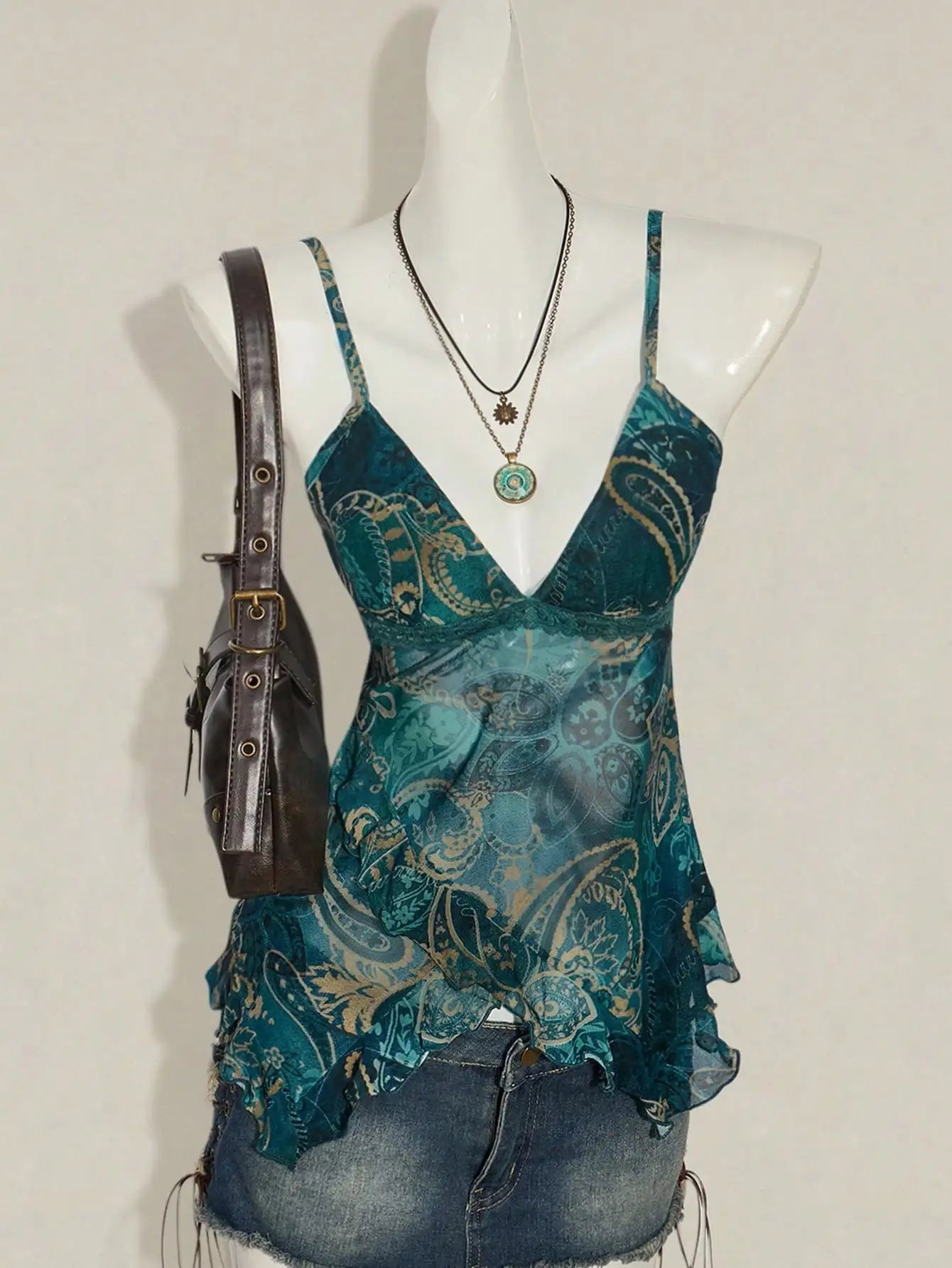 Teal Paisley Print Ruffled Camisole with Sheer Overlay and Adjustable Straps