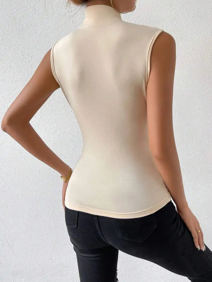 Women's Beige Crisscross Pleated Sleeveless Tank Top with High Stretch