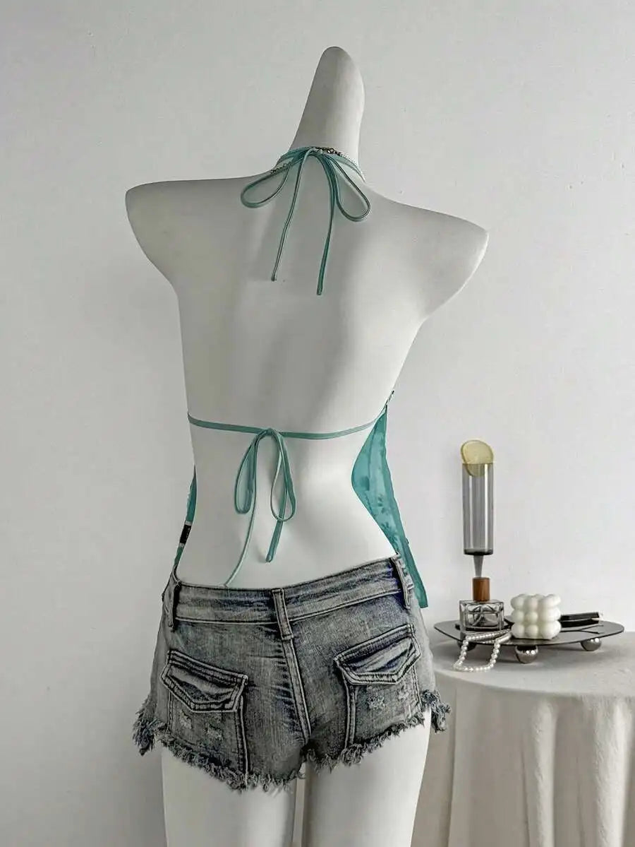 Teal Floral Sequin Halter Top with Beaded Embellishments for Summer
