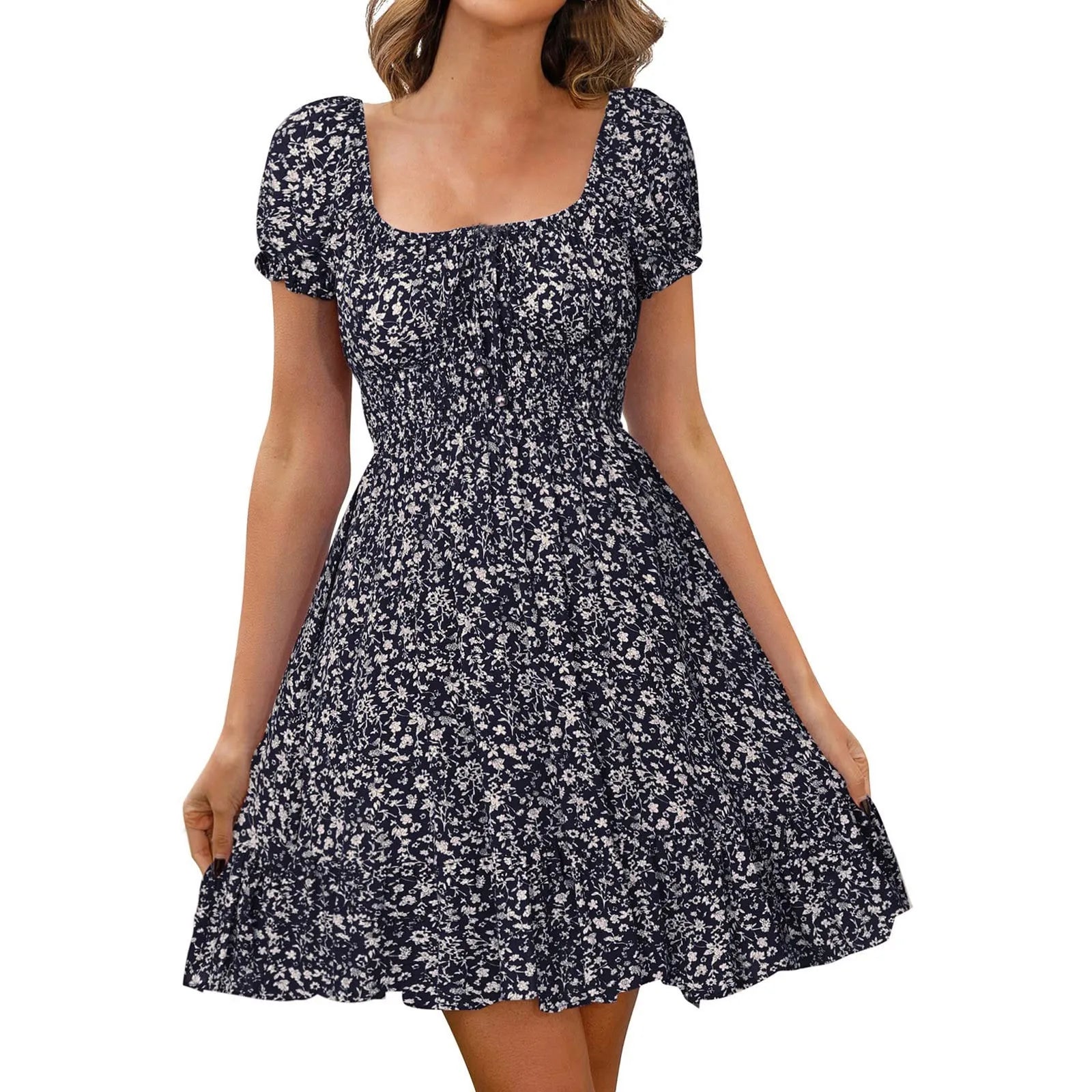 Women's Floral Print French Sundress High Waist Puff Sleeves Retro Tunic Midi Dress Summer Square Neck Pleated Short Dresses