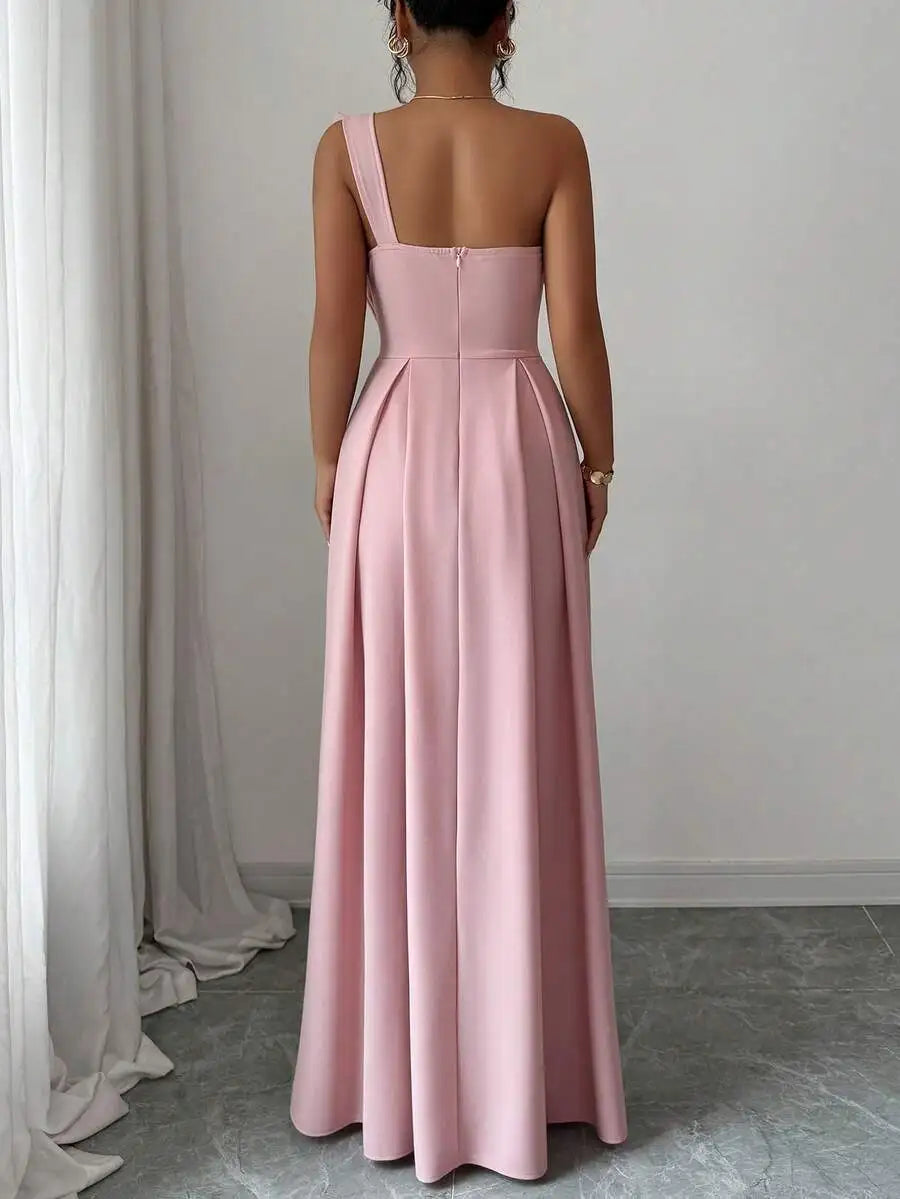 Pink Asymmetrical One-Shoulder Bowknot A-Line Maxi Dress